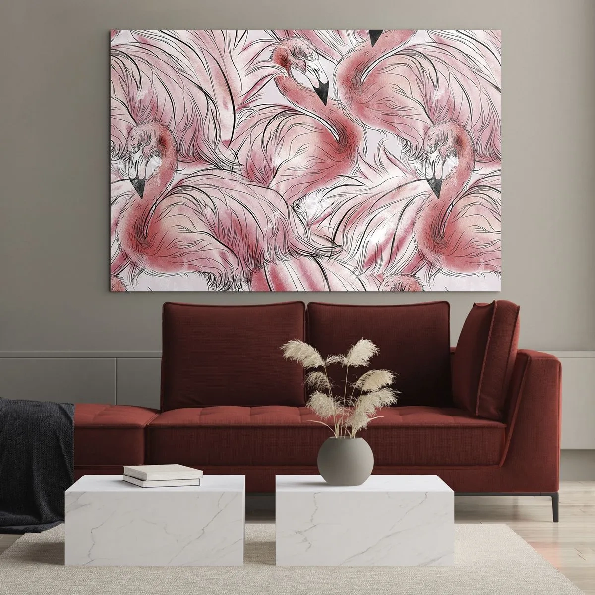 Glasbild - Bild auf glas - Rosa Flamingos im dekorativen Cartoon-Stil - 120x80cm - Bird Corps de Ballet - Moderne Wanddekoration für Wohnzimmer und Schlafzimmer ARTTOR