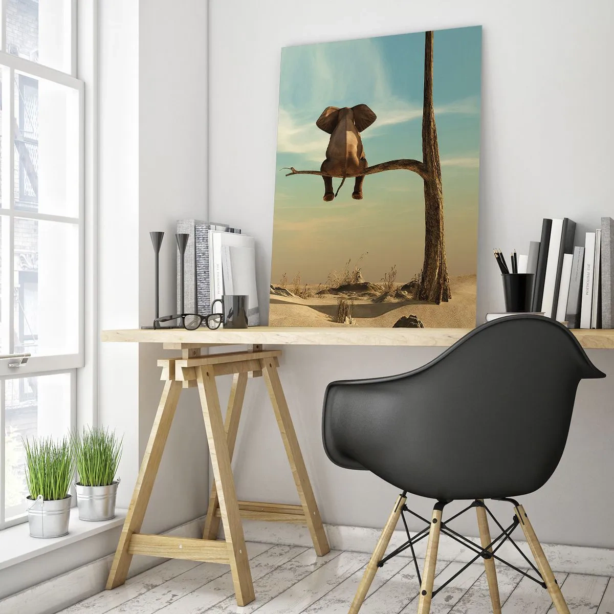 Glasbild - Bild auf glas - Ein Elefant sitzt auf einem Ast und blickt auf eine Wüstenlandschaft - 70x100cm - Neuer Blickwinkel - Moderne Wanddekoration für Wohnzimmer und Schlafzimmer ARTTOR