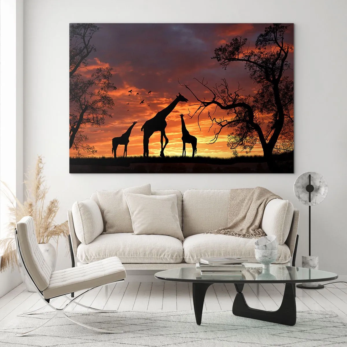 Glasbild - Bild auf glas - Silhouetten von Giraffen vor dem Hintergrund eines Sonnenuntergangs in einer afrikanischen Landschaft - 120x80cm - Ein kleines Abendessen mit deinen Liebsten - Moderne Wanddekoration für Wohnzimmer und Schlafzimmer ARTTOR