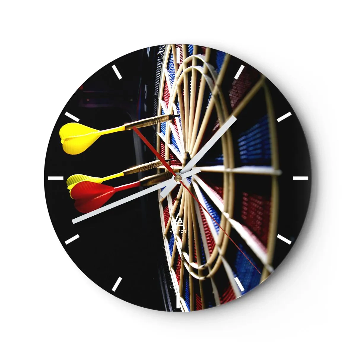 Wanduhr - Glasuhr - Darts treffen das Ziel - 30x30cm - Auf den Punkt gebracht - Moderne Wanddekoration für Wohnzimmer, Küche und Schlafzimmer ARTTOR