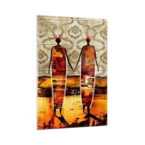 Glasbild - Bild auf glas - Ein abstraktes Figurenpaar vor einem Hintergrund aus goldenen Mustern und einer Landschaft. - 80x120cm - Ethnische Zusammensetzung in den Farben Afrikas - Moderne Wanddekoration für Wohnzimmer und Schlafzimmer ARTTOR