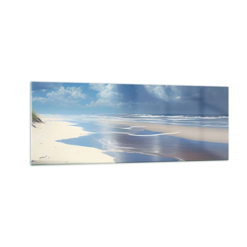 Glasbild - Bild auf glas - Ein Sandstrand mit Wellen unter blauem Himmel - 140x50cm - Paradiesischer Urlaub - Moderne Wanddekoration für Wohnzimmer und Schlafzimmer ARTTOR