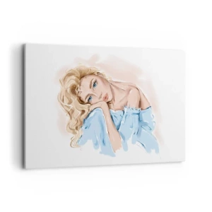 Bild auf Leinwand - Leinwandbild - Porträt einer Frau in einem blauen Kleid mit blonden Haaren - 120x80cm - Verträumt im Blau - Moderne Wanddekoration für Wohnzimmer und Schlafzimmer ARTTOR