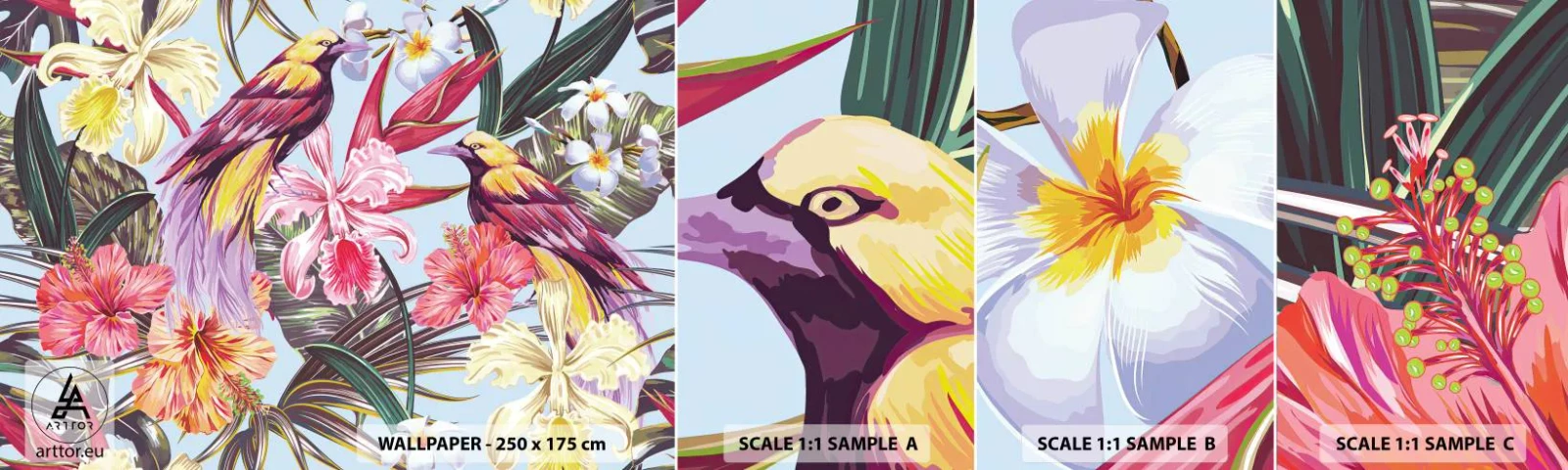 Fototapeten Muster Selbstklebend Deluxe Sticker - Blütenblätter und Federn - Vogel, Blumen, Garten - 100x30 cm