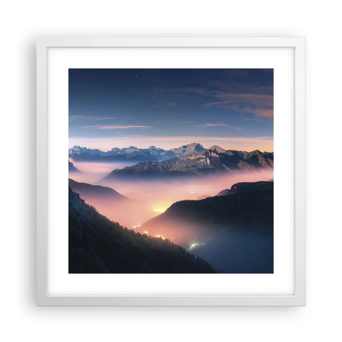 Poster in einem weißen Rahmen - Licht in den Tälern - 40x40 cm