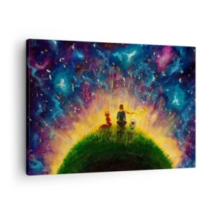 Bild auf Leinwand - Leinwandbild - Figuren auf einem grünen Hügel, umgeben von einem Sternenhimmel - 70x50cm - Liebe und Freundschaft - die ganze Welt - Moderne Wanddekoration für Wohnzimmer und Schlafzimmer ARTTOR