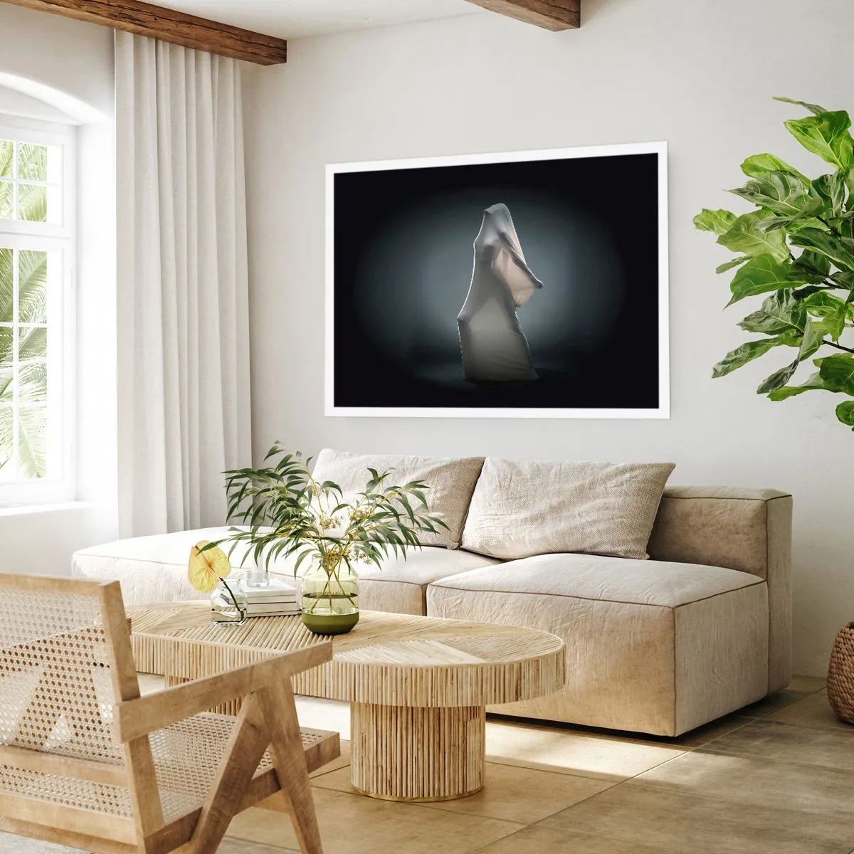 Poster - Eine Figur aus weißem Stoff auf dunklem Hintergrund - 100x70cm - Versteckte Wünsche - Moderne Wanddekoration für Wohnzimmer und Schlafzimmer ARTTOR