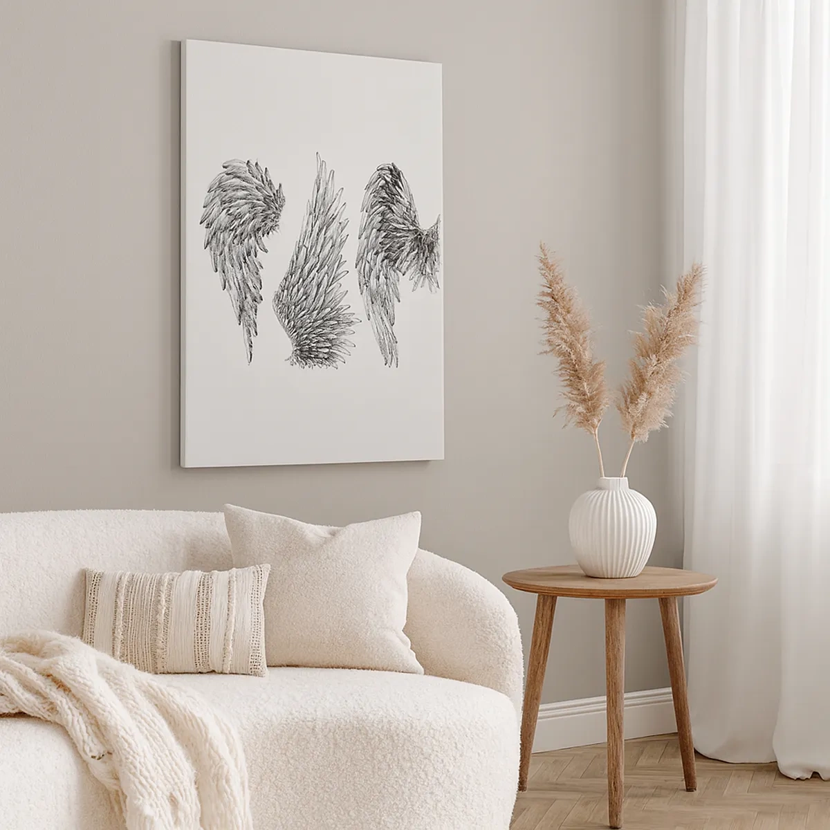 Bild auf Leinwand - Leinwandbild - Drei schwarz-weiße Skizzen von Flügeln im minimalistischen Stil. - 50x70cm - Und du kannst ein Engel werden - Moderne Wanddekoration für Wohnzimmer und Schlafzimmer ARTTOR