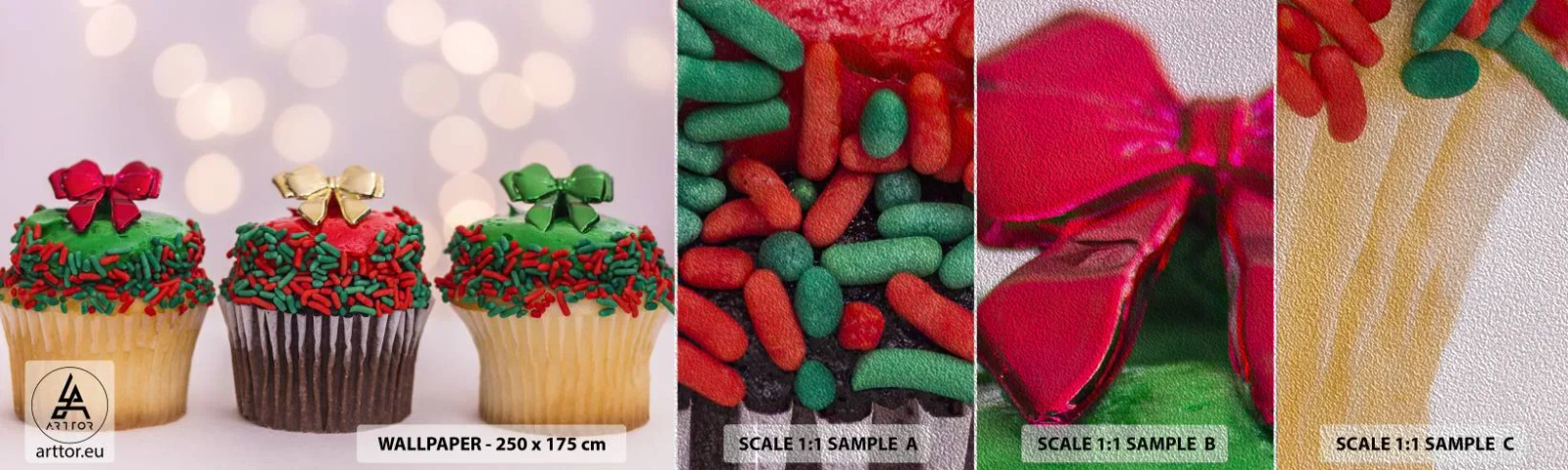 Fototapeten Muster Premium Sand - Süßigkeiten bis zu der Schleife - Gastronomie, Kekse, Bunte Muffins - 100x30 cm