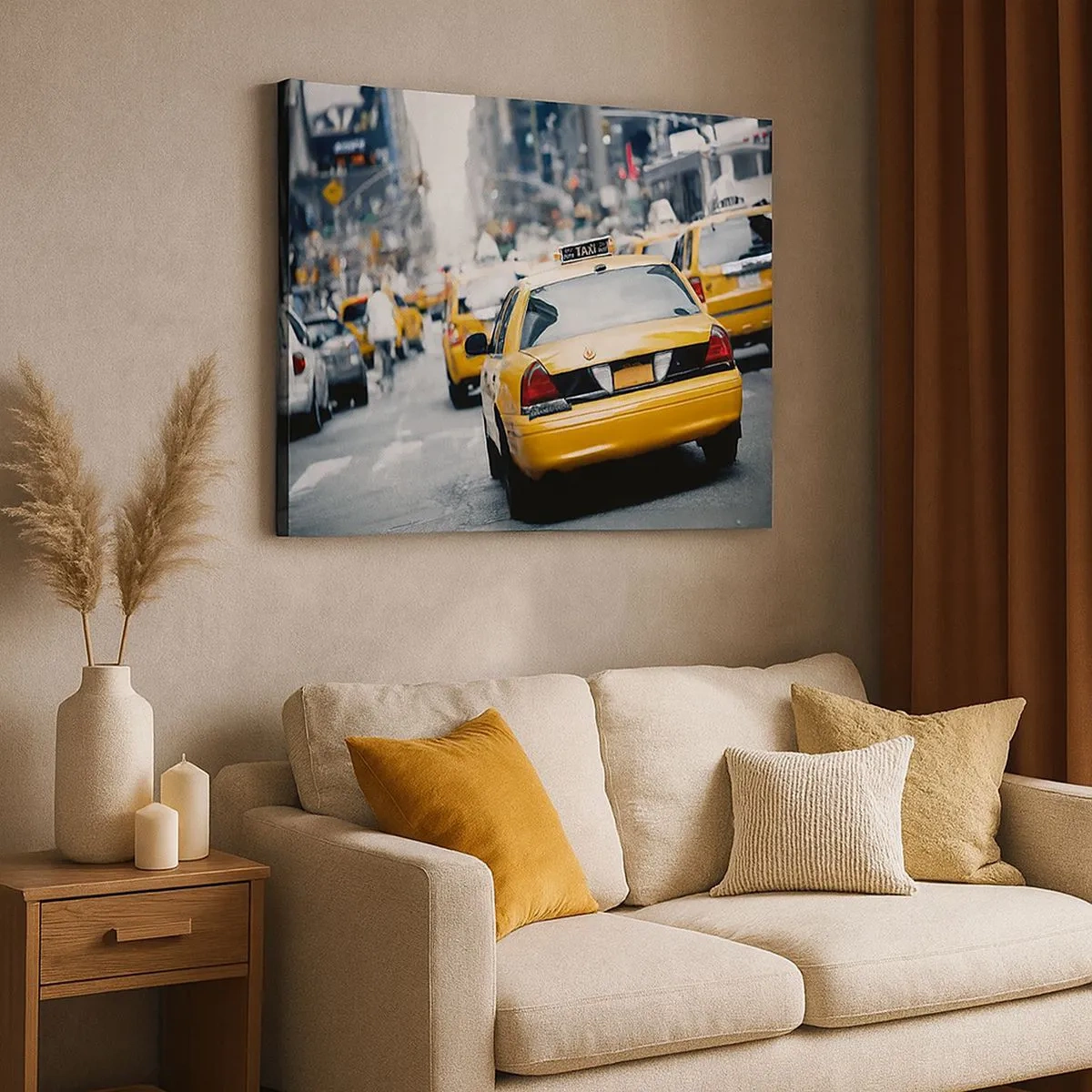Bild auf Leinwand - Leinwandbild - Gelbe Taxis auf einer belebten Stadtstraße im Zentrum der Metropole - 70x50cm - Nur in dieser Stadt - Moderne Wanddekoration für Wohnzimmer und Schlafzimmer ARTTOR