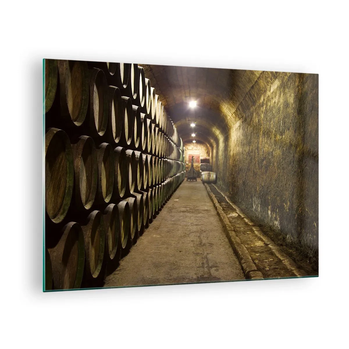 Glasbild - Bild auf glas - Weinkeller mit Reihen von Fässern - 70x50cm - Es ist gut, sich hinzulegen - Moderne Wanddekoration für Wohnzimmer und Schlafzimmer ARTTOR