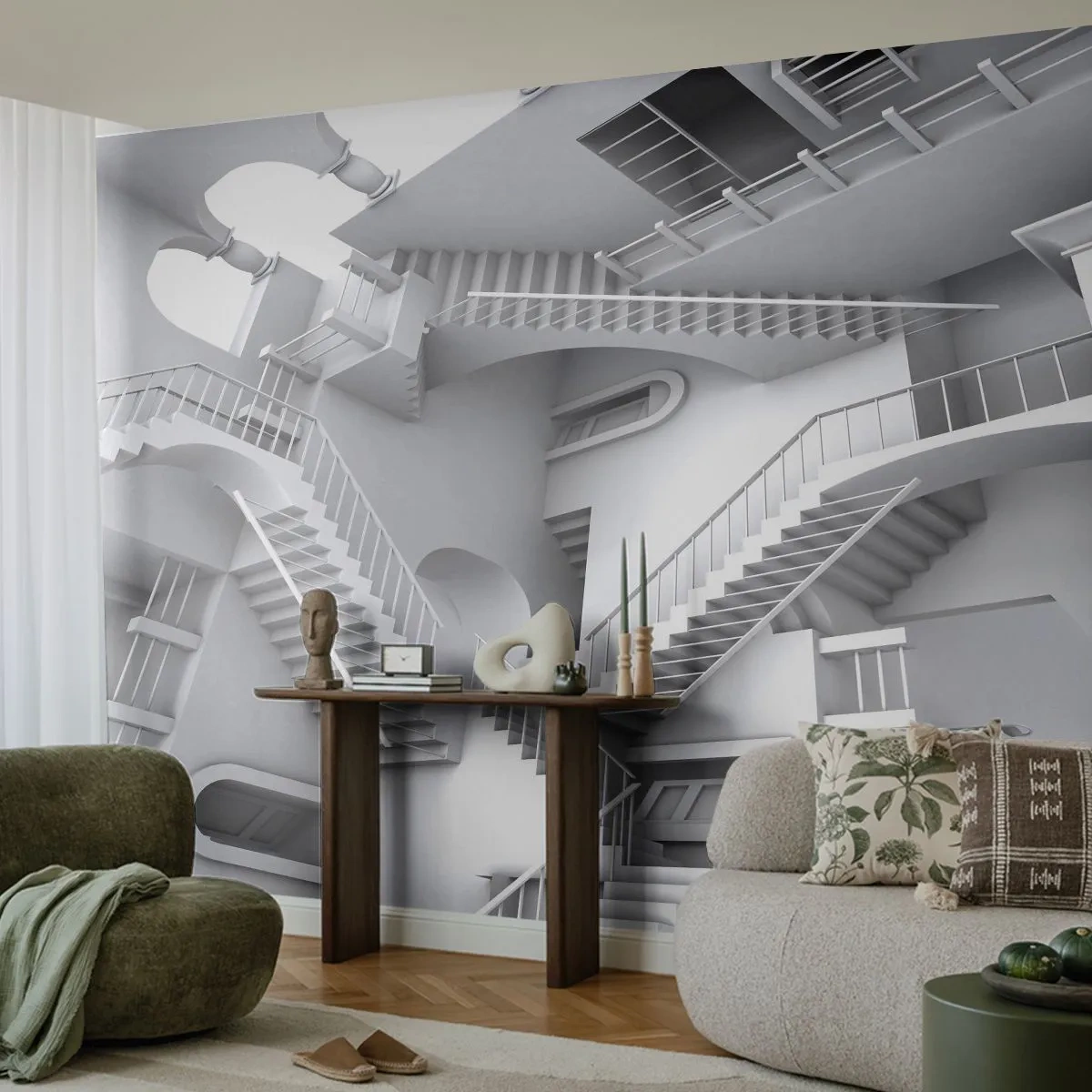 Fototapete Premium Sand - Architektonische Illusion einer Treppe im surrealen Stil - 100x70cm - Die Paradoxien des Weltraums - Moderne Wanddekoration für Wohnzimmer und Schlafzimmer ARTTOR