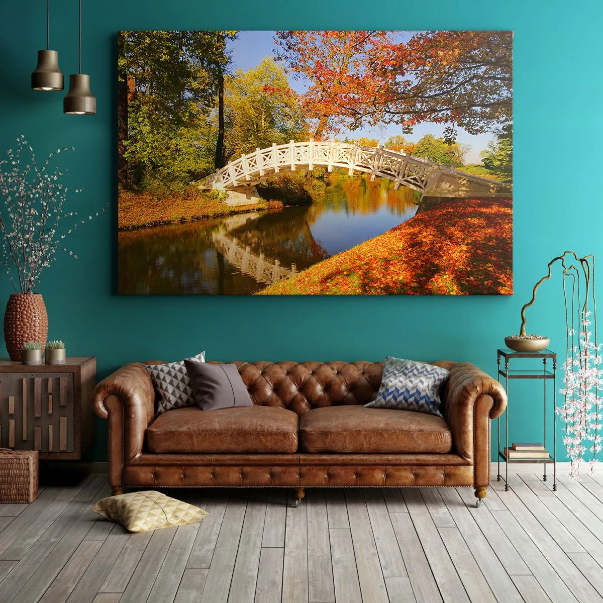 Bild auf Leinwand - Leinwandbild - Eine Brücke in einem Park, umgeben von Herbstlaub über ruhigem Wasser - 100x70cm - Auf der weißen Seufzerbrücke - Moderne Wanddekoration für Wohnzimmer und Schlafzimmer ARTTOR