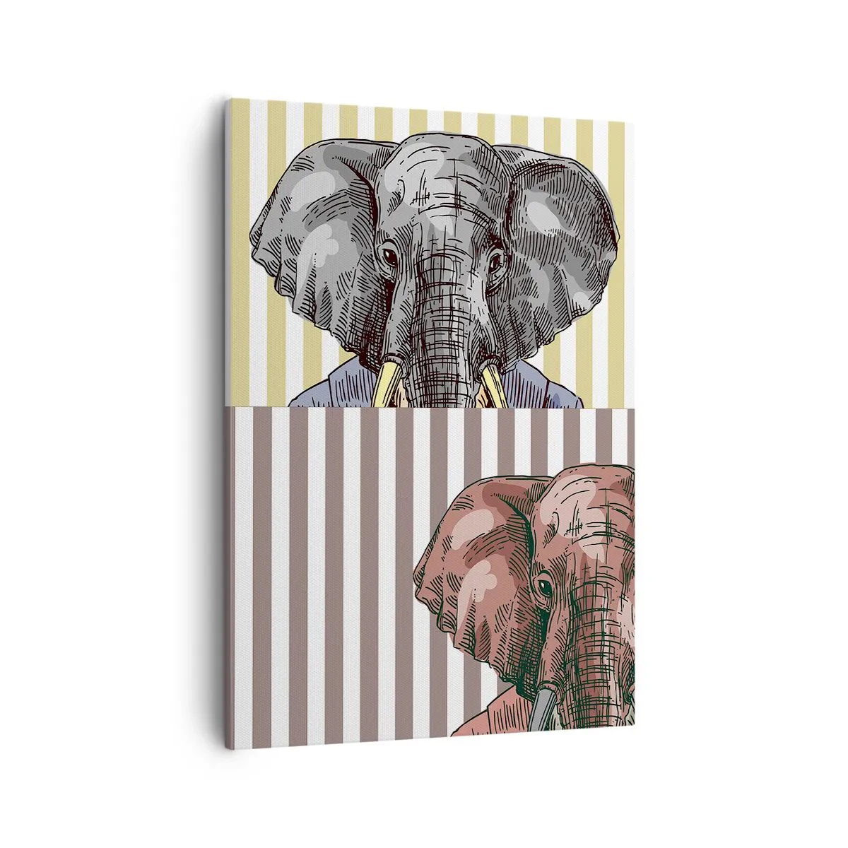 Bild auf Leinwand - Leinwandbild - Ein Elefant im Anzug vor einem Hintergrund aus beigen Streifen - 50x70cm - Von Natur aus elegant - Moderne Wanddekoration für Wohnzimmer und Schlafzimmer ARTTOR