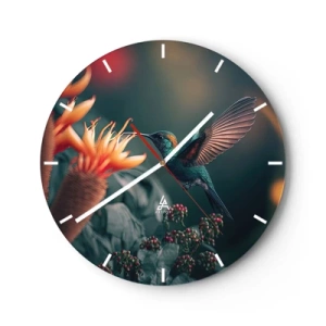 Wanduhr - Glasuhr - Ein Kolibri schwebt über einer exotischen orangefarbenen Blume. - 30x30cm - Wirklich buntes Leben - Moderne Wanddekoration für Wohnzimmer, Küche und Schlafzimmer ARTTOR