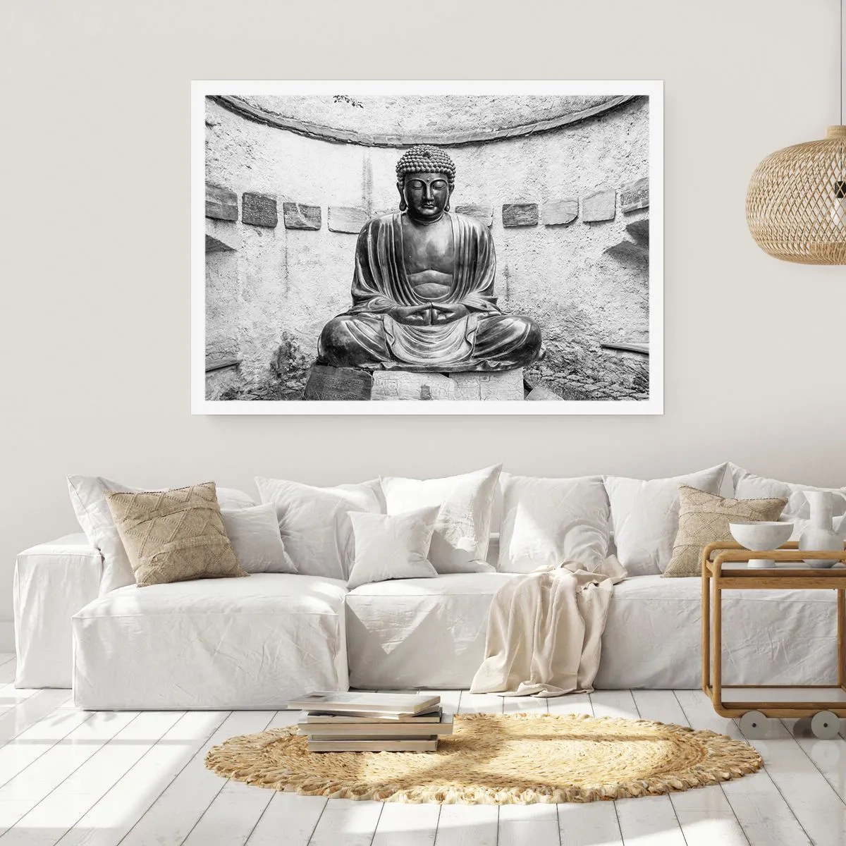 Poster - Schwarz-weiße Buddha-Statue in meditativer Pose - 100x70cm - An der Quelle des Friedens - Moderne Wanddekoration für Wohnzimmer und Schlafzimmer ARTTOR