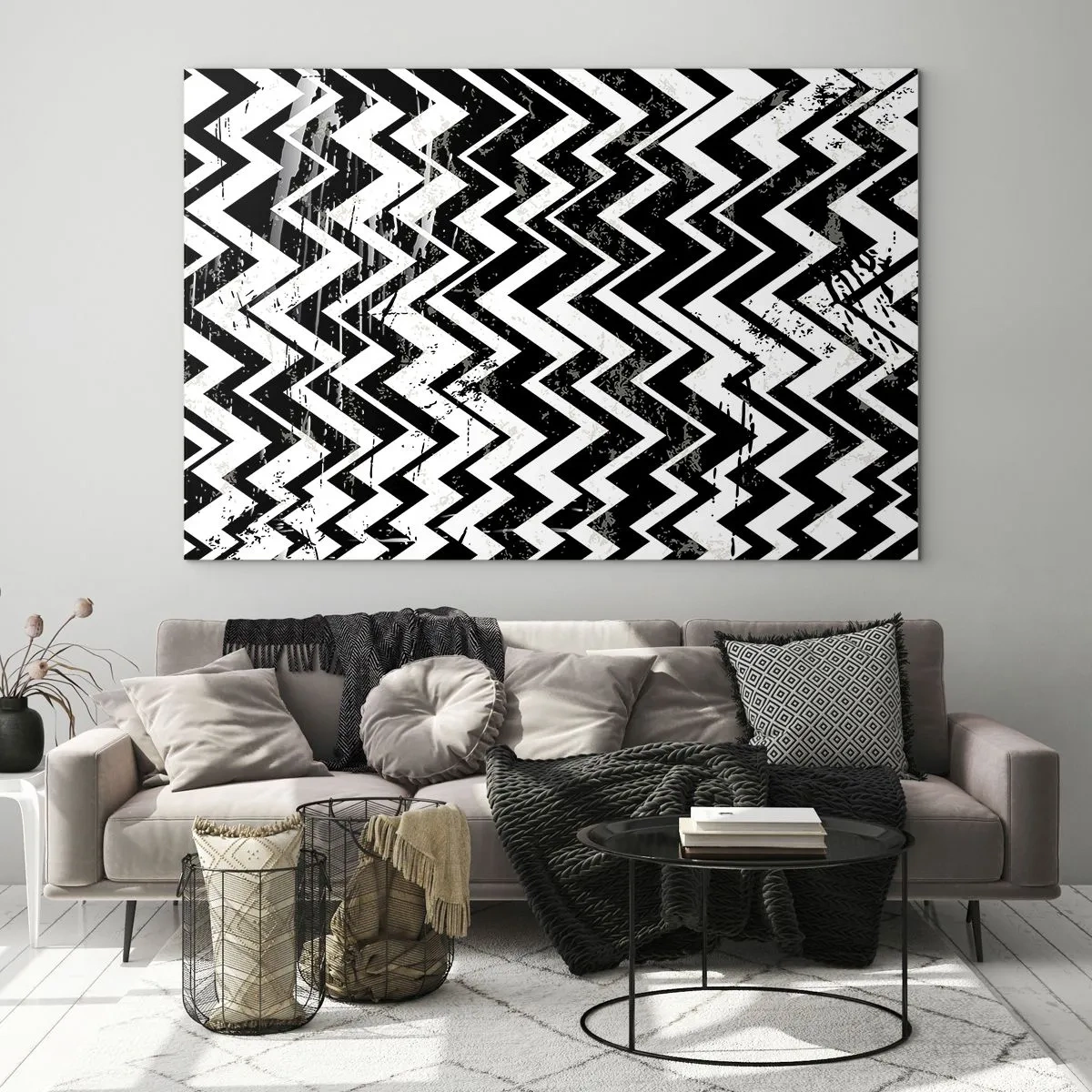 Glasbild - Bild auf glas - Ein schwarz-weißes Zickzackmuster mit dynamischer Komposition und Textur. - 100x70cm - Zick-weiß, Zack-schwarz - Moderne Wanddekoration für Wohnzimmer und Schlafzimmer ARTTOR