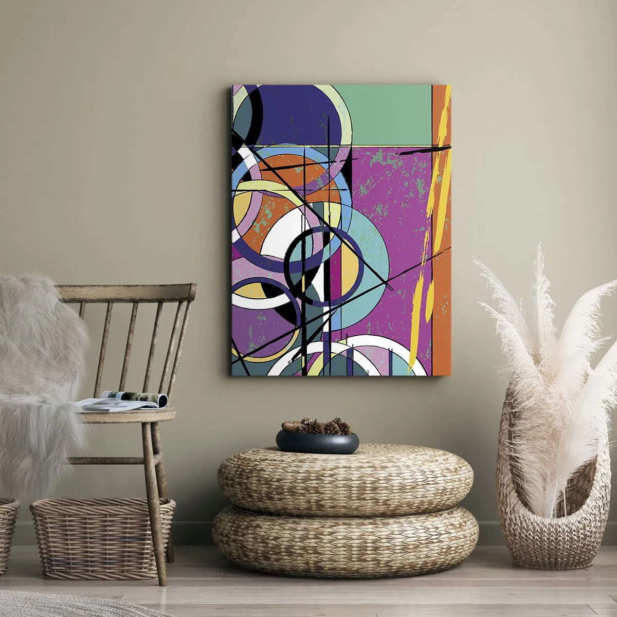 Bild auf Leinwand - Leinwandbild - Bunte Abstraktion mit geometrischen Kreisen - 50x70cm - Rad für Rad - Moderne Wanddekoration für Wohnzimmer und Schlafzimmer ARTTOR