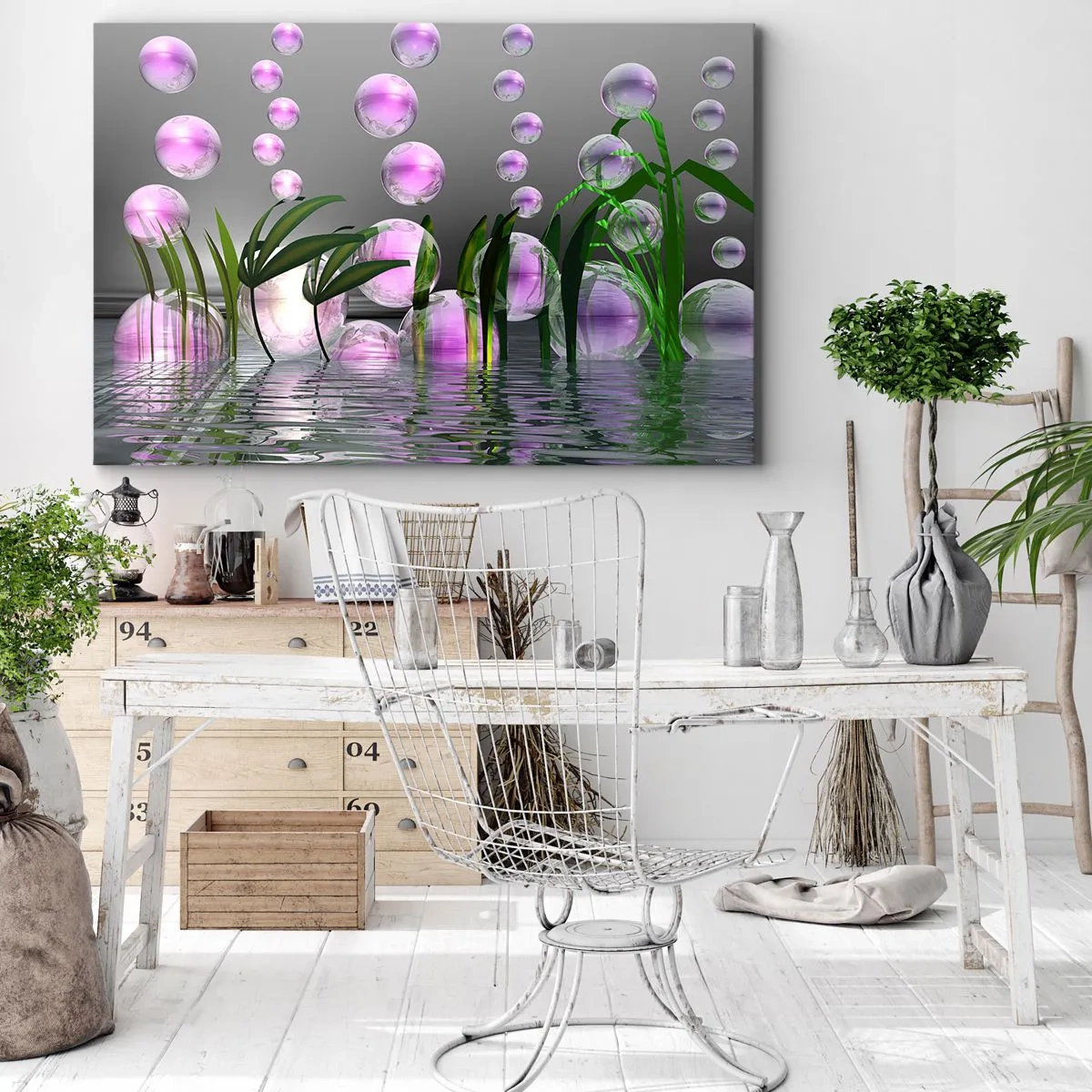 Bild auf Leinwand - Leinwandbild - Grüne Blätter und rosa Blasen über dem Wasser auf grauem Hintergrund - 100x70cm - Eine reflektierende Komposition aus Leichtigkeit und Leben - Moderne Wanddekoration für Wohnzimmer und Schlafzimmer ARTTOR