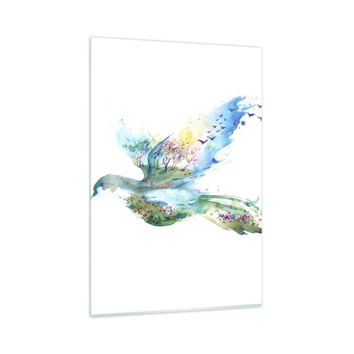 Glasbild - Bild auf glas - Aquarellkomposition eines Vogels mit Elementen der Natur - 80x120cm - Auf den Flügeln der Natur - Moderne Wanddekoration für Wohnzimmer und Schlafzimmer ARTTOR