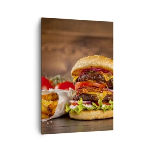 Bild auf Leinwand - Leinwandbild - Appetitlicher Burger mit Extras - 70x100cm - Die verbotene Frucht - Moderne Wanddekoration für Wohnzimmer und Schlafzimmer ARTTOR