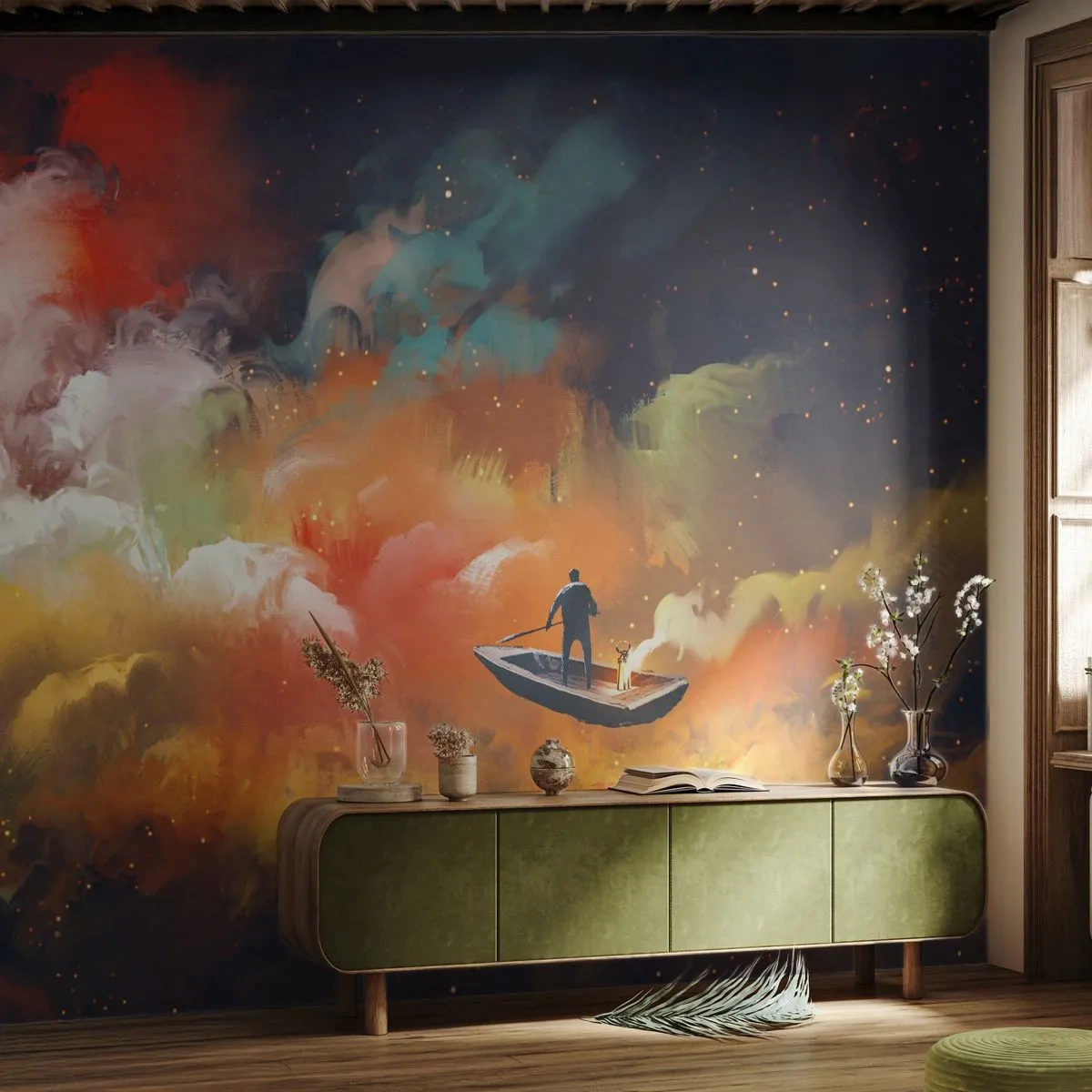 Fototapete Premium Sand - Ein Mann in einem Boot, das durch einen Himmel voller Wolken segelt - 100x70cm - Mit dem Boot durch die Galaxie - Moderne Wanddekoration für Wohnzimmer und Schlafzimmer ARTTOR