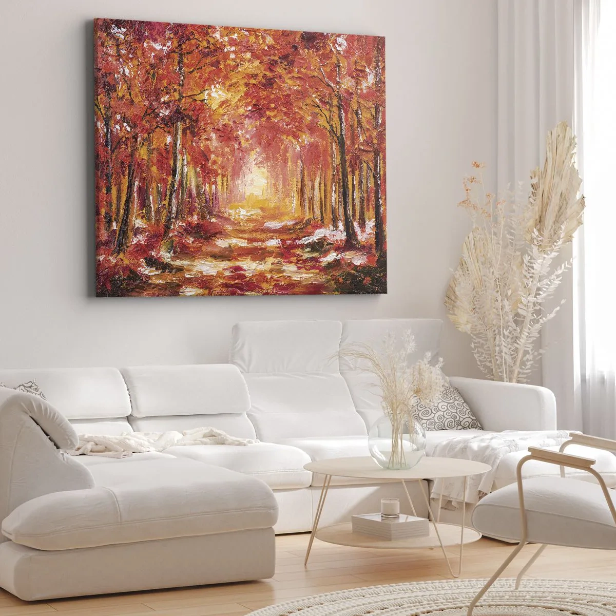 Bild auf Leinwand - Leinwandbild - Herbstwald in Kupfer- und Goldtönen - 100x70cm - Kupferwald - Moderne Wanddekoration für Wohnzimmer und Schlafzimmer ARTTOR