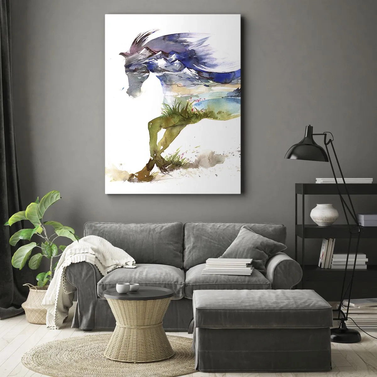 Bild auf Leinwand - Leinwandbild - Aquarell eines Pferdes mit einer Berglandschaft in der Silhouette - 80x120cm - Von der Wiese direkt in den Himmel - Moderne Wanddekoration für Wohnzimmer und Schlafzimmer ARTTOR