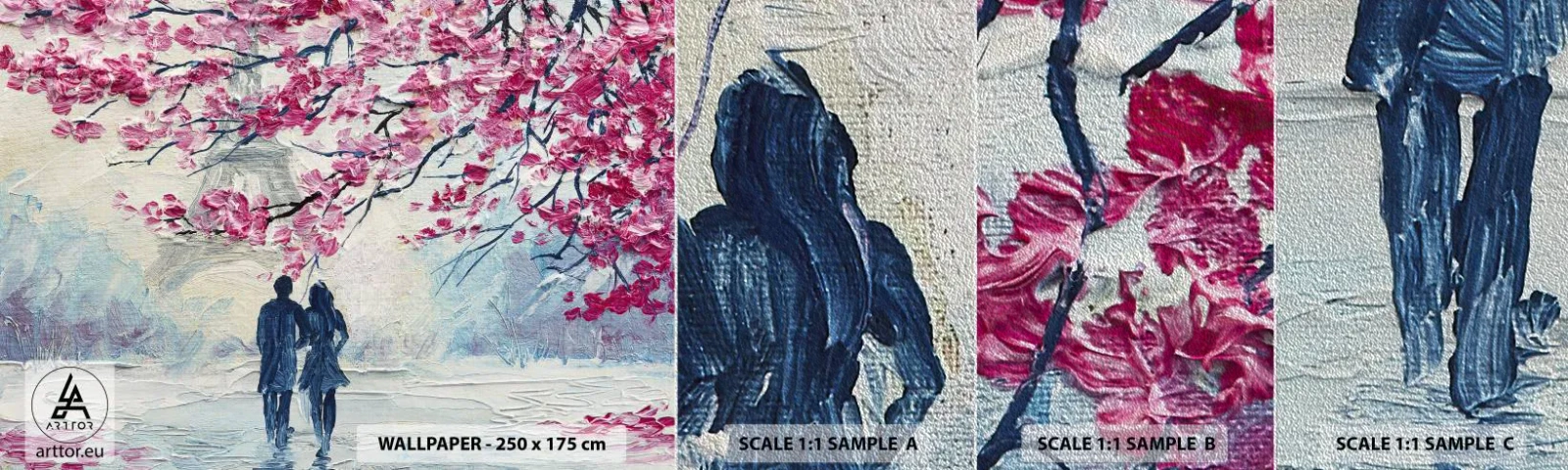 Fototapeten Muster Premium Sand - Romantischer Spaziergang - Paris, Eiffelturm, Verliebtes Pärchen - 100x30 cm