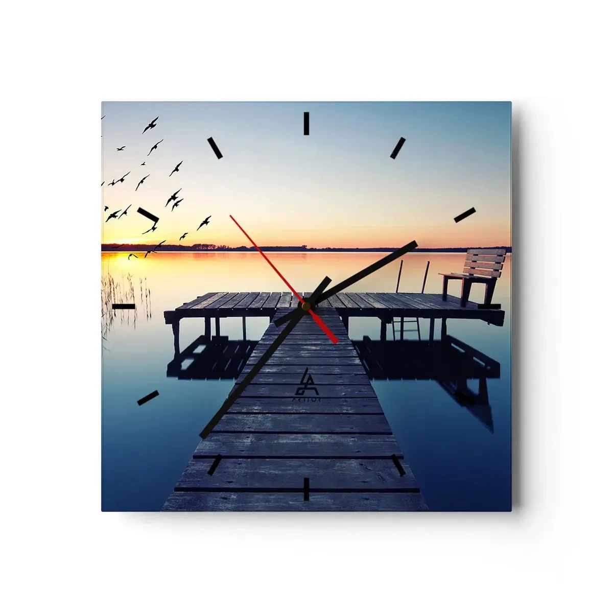 Wanduhr - Glasuhr - Holzsteg auf einem See bei Sonnenaufgang mit Vögeln - 30x30cm - Das war ein guter Tag - Moderne Wanddekoration für Wohnzimmer und Schlafzimmer ARTTOR