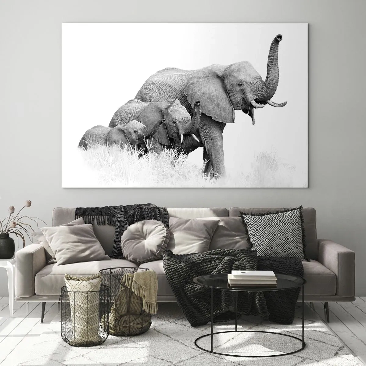 Glasbild - Bild auf glas - Schwarz-weiße Elefantenfamilie in der Natur - 70x50cm - Eins zwei drei - Moderne Wanddekoration für Wohnzimmer und Schlafzimmer ARTTOR