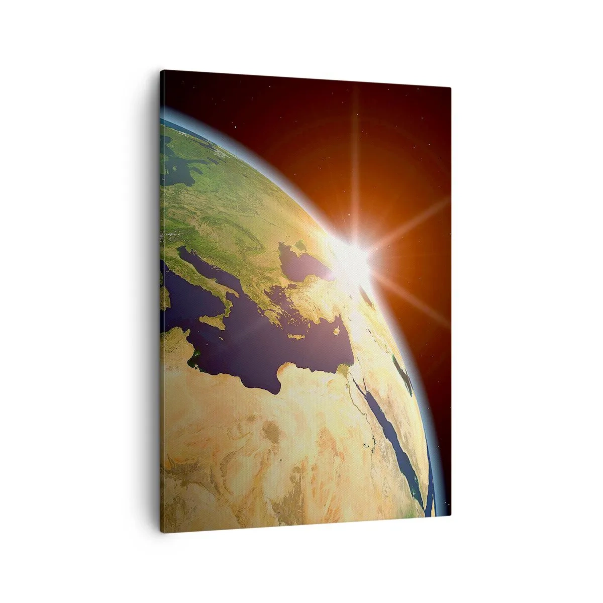 Bild auf Leinwand - Leinwandbild - Blick auf die Erde aus dem Weltraum mit Sonnenstrahlen am Horizont - 50x70cm - Sonnenaufgang - Moderne Wanddekoration für Wohnzimmer und Schlafzimmer ARTTOR
