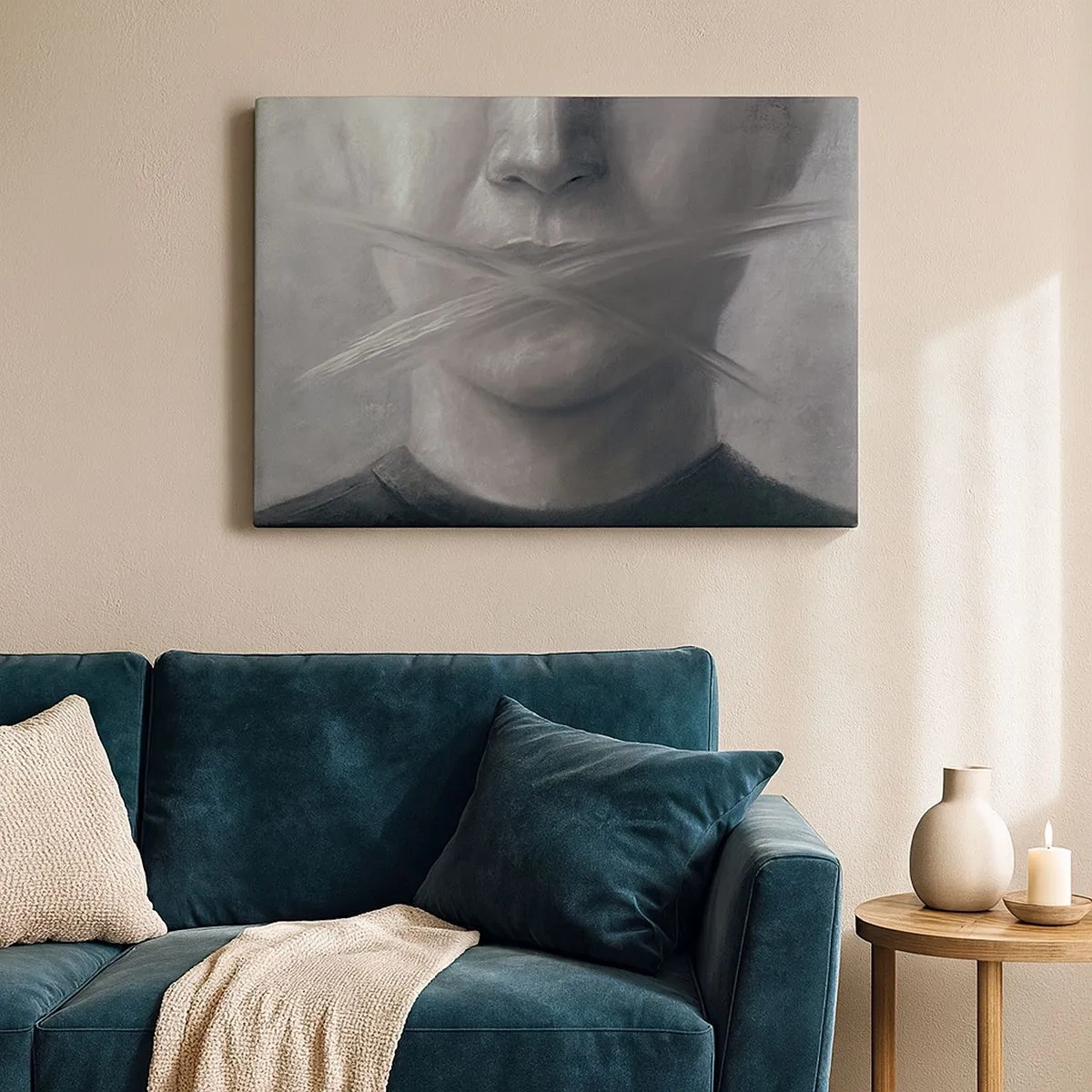 Bild auf Leinwand - Leinwandbild - Ein symbolisches Porträt mit verschwommenen Lippen in Grautönen. - 70x50cm - Ohne ein Wort - Moderne Wanddekoration für Wohnzimmer und Schlafzimmer ARTTOR