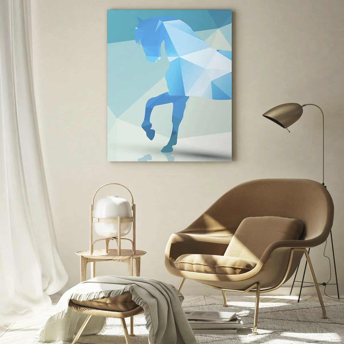 Glasbild - Bild auf glas - Geometrisches Pferd in Blau- und Weißtönen - 50x70cm - Geometrisches Pferd in Türkis - Moderne Wanddekoration für Wohnzimmer und Schlafzimmer ARTTOR