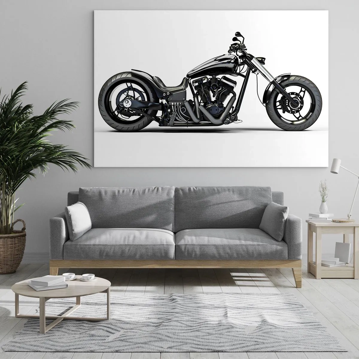 Glasbild - Bild auf glas - Schwarzes Custom-Motorrad auf weißem Hintergrund - 100x70cm - Für alle, die die Freiheit lieben - Moderne Wanddekoration für Wohnzimmer und Schlafzimmer ARTTOR