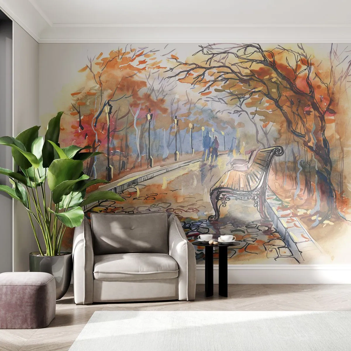Fototapete Standard Eco - Herbstpark mit einer Bank im Aquarellstil - 100x70cm - Gemeinsam im Herbst wandern - Moderne Wanddekoration für Wohnzimmer und Schlafzimmer ARTTOR