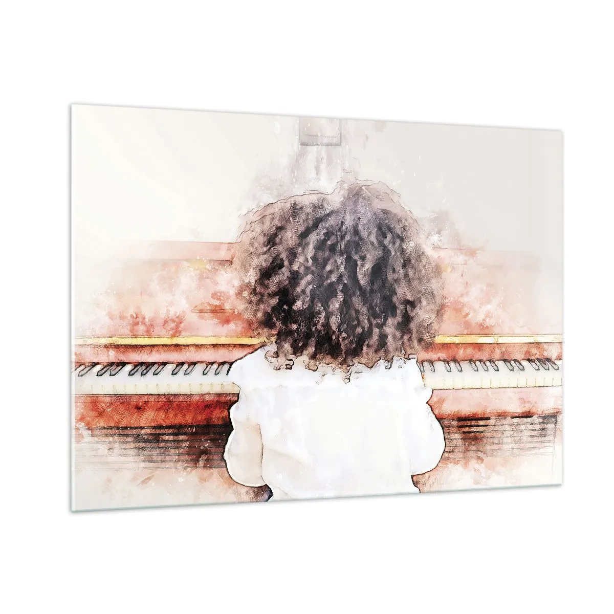 Glasbild - Bild auf glas - Ein Kind mit lockigem Haar spielt Klavier - 100x70cm - In der neuen Welt - Moderne Wanddekoration für Wohnzimmer und Schlafzimmer ARTTOR