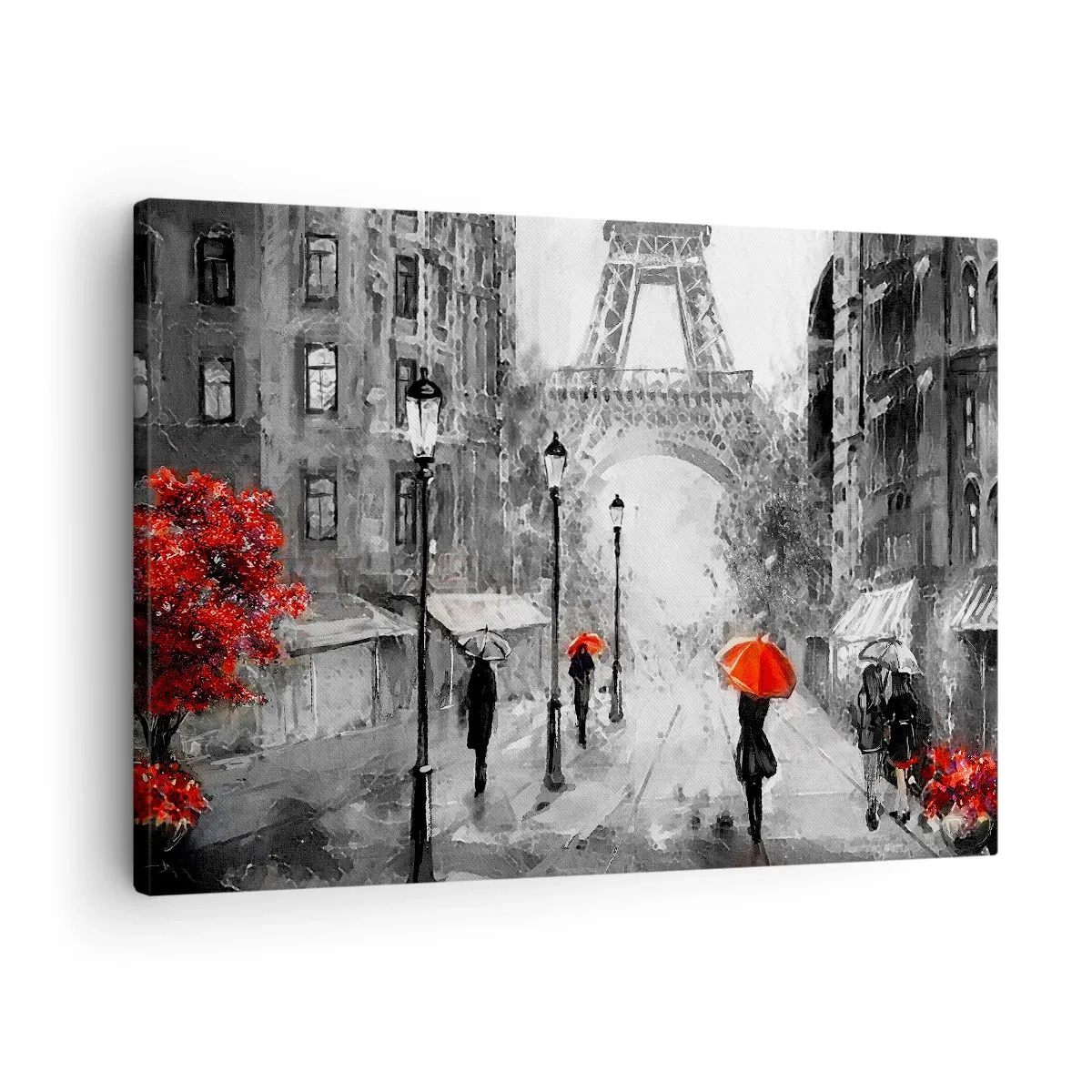 Bild auf Leinwand - Leinwandbild - Eine Straße mit Blick auf den Eiffelturm und roten Regenschirmen - 70x50cm - Alle Wege führen zu ihr - Moderne Wanddekoration für Wohnzimmer und Schlafzimmer ARTTOR