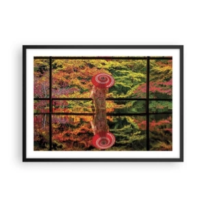 Poster in einem schwarzem Rahmen - Eine Frau im Kimono mit Regenschirm vor dem Hintergrund einer Herbstlandschaft. - 70x50cm - Im Tempel der Natur - Moderne Wanddekoration für Wohnzimmer und Schlafzimmer ARTTOR