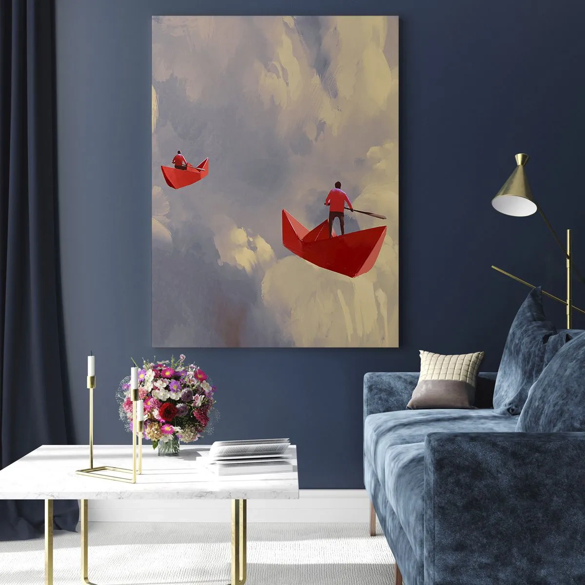 Glasbild - Bild auf glas - Zwei Menschen in roten Booten vor einem bewölkten Himmel - 50x70cm - Expedition der Träumer - Moderne Wanddekoration für Wohnzimmer und Schlafzimmer ARTTOR