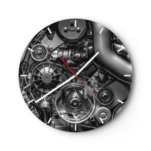 Wanduhr - Glasuhr - Schwarz-Weiß-Detail eines Automotormechanismus - 30x30cm - Die Poesie der Mechanik - Moderne Wanddekoration für Wohnzimmer, Küche und Schlafzimmer ARTTOR