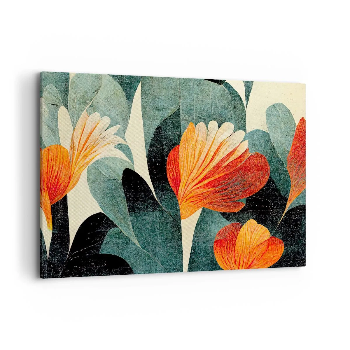 Bild auf Leinwand - Leinwandbild - Blüten in intensiven Orange- und Grüntönen - 120x80cm - Hitze der Tropen und Kühle des Grüns - Moderne Wanddekoration für Wohnzimmer und Schlafzimmer ARTTOR