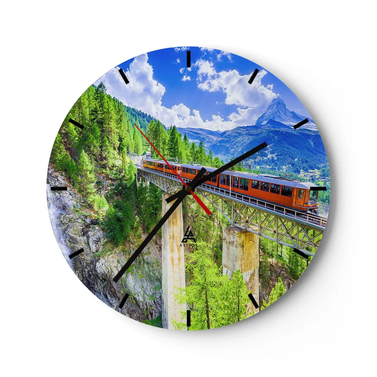 Wanduhr - Glasuhr - Ein roter Zug überquert eine Brücke in einer Alpenlandschaft - 30x30cm - Jetzt sind Alpen dran - Moderne Wanddekoration für Wohnzimmer, Küche und Schlafzimmer ARTTOR