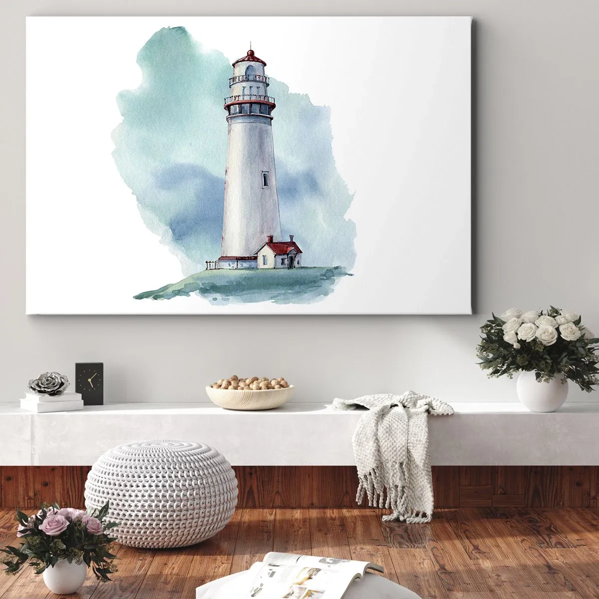Bild auf Leinwand - Leinwandbild - Ein Leuchtturm vor einem aquarellblauen Hintergrund - 120x80cm - Sanfte Schwester vom Blau - Moderne Wanddekoration für Wohnzimmer und Schlafzimmer ARTTOR