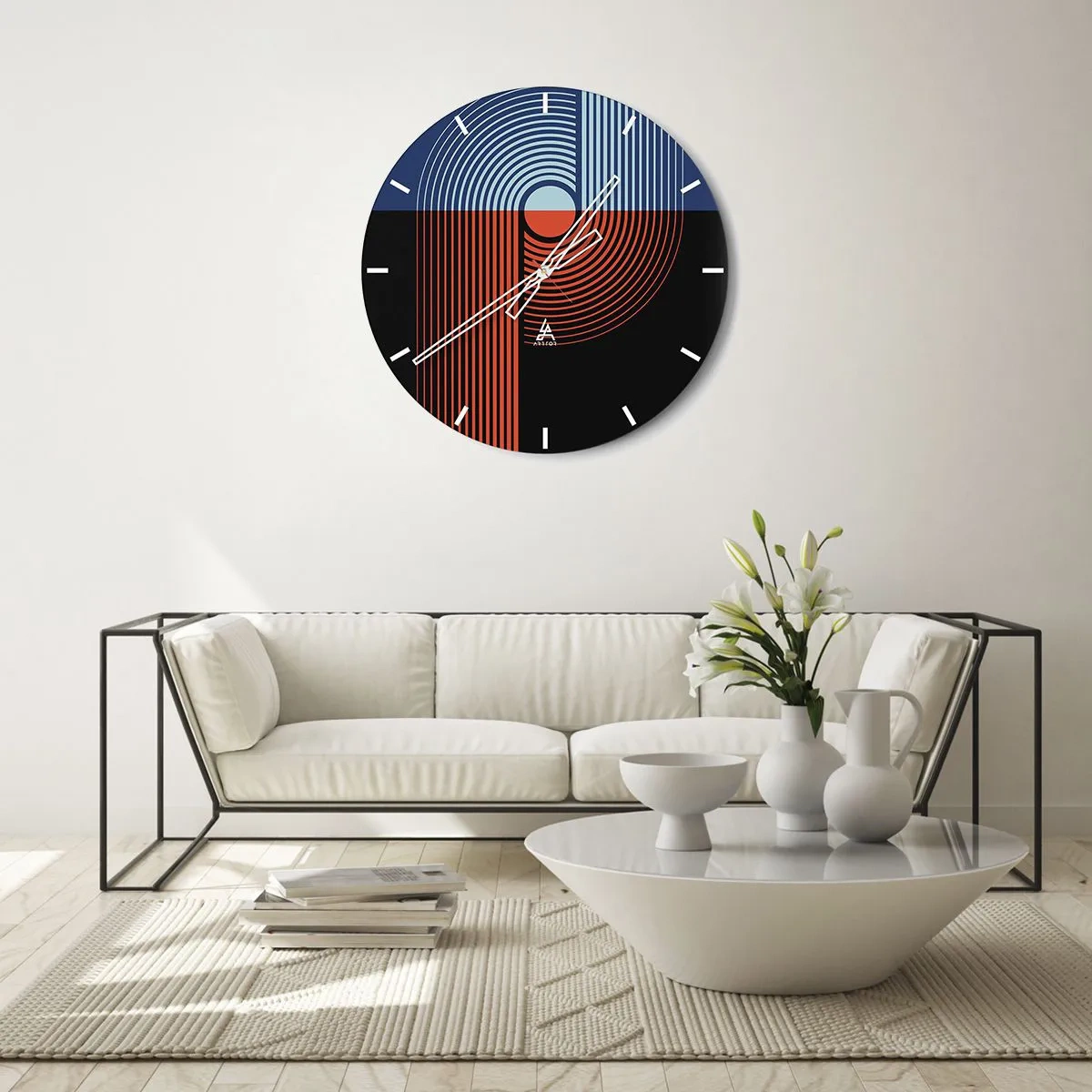 Wanduhr - Glasuhr - Geometrische Komposition mit Kreisen und Linien in Kontrastfarben - 30x30cm - In einer geometrischen Umarmung - Moderne Wanddekoration für Wohnzimmer, Küche und Schlafzimmer ARTTOR