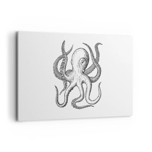 Bild auf Leinwand - Leinwandbild - Schwarz-weiße Zeichnung eines Oktopus auf weißem Hintergrund im Vintage-Stil - 120x80cm - Mit den Wellen tanzen - Moderne Wanddekoration für Wohnzimmer und Schlafzimmer ARTTOR