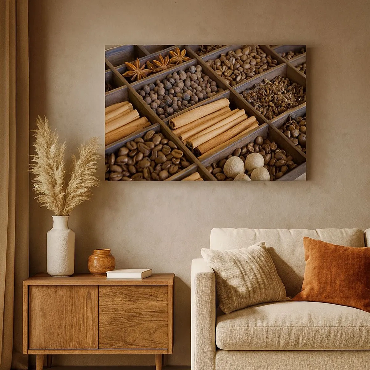 Bild auf Leinwand - Leinwandbild - Gewürze und Kaffee in Holzfächern - 70x50cm - Eine Fundgrube an Aromen - Moderne Wanddekoration für Wohnzimmer und Schlafzimmer ARTTOR