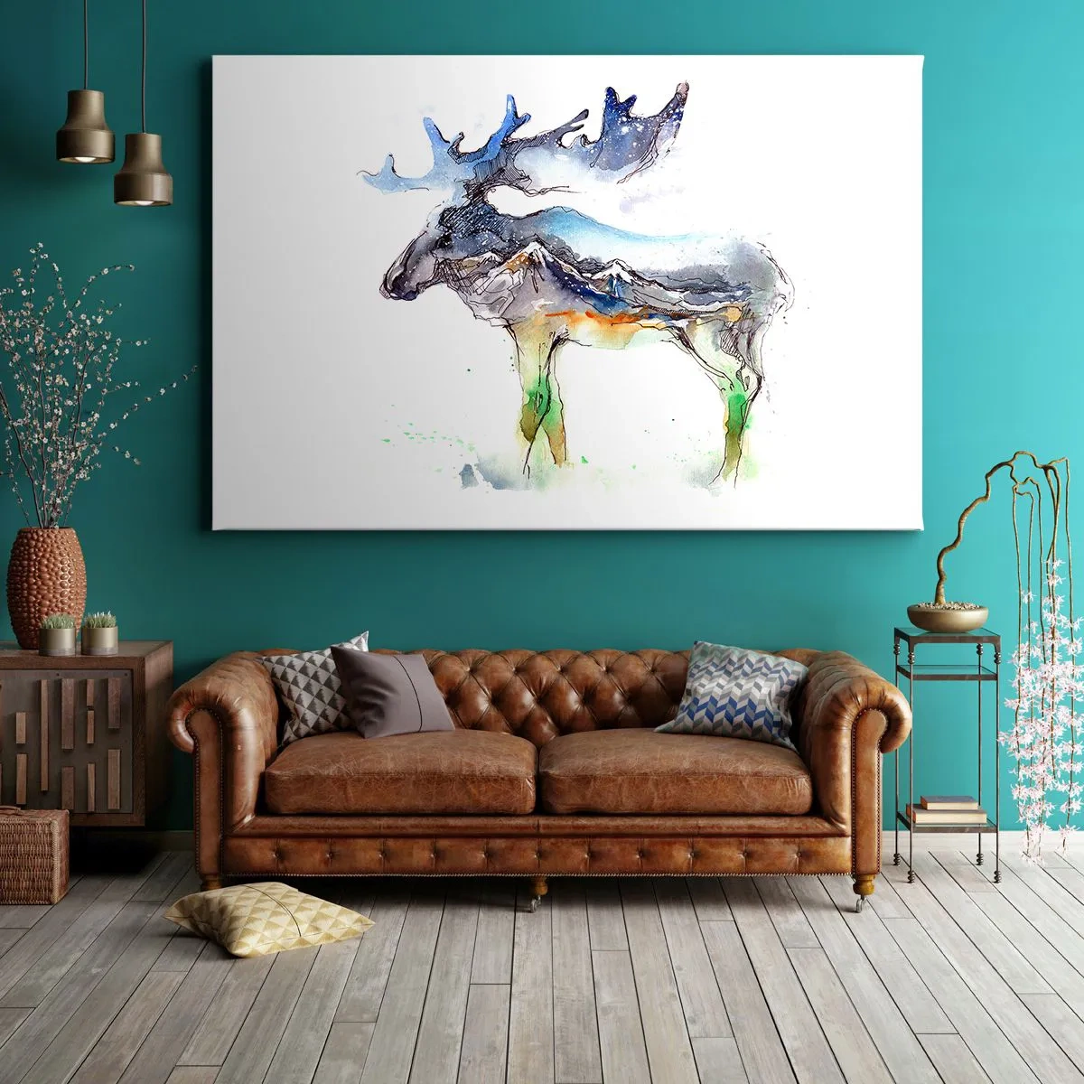 Bild auf Leinwand - Leinwandbild - Aquarell-Silhouette eines Elches mit Berglandschaft - 70x50cm - Der Held eines Wintermärchens - Moderne Wanddekoration für Wohnzimmer und Schlafzimmer ARTTOR
