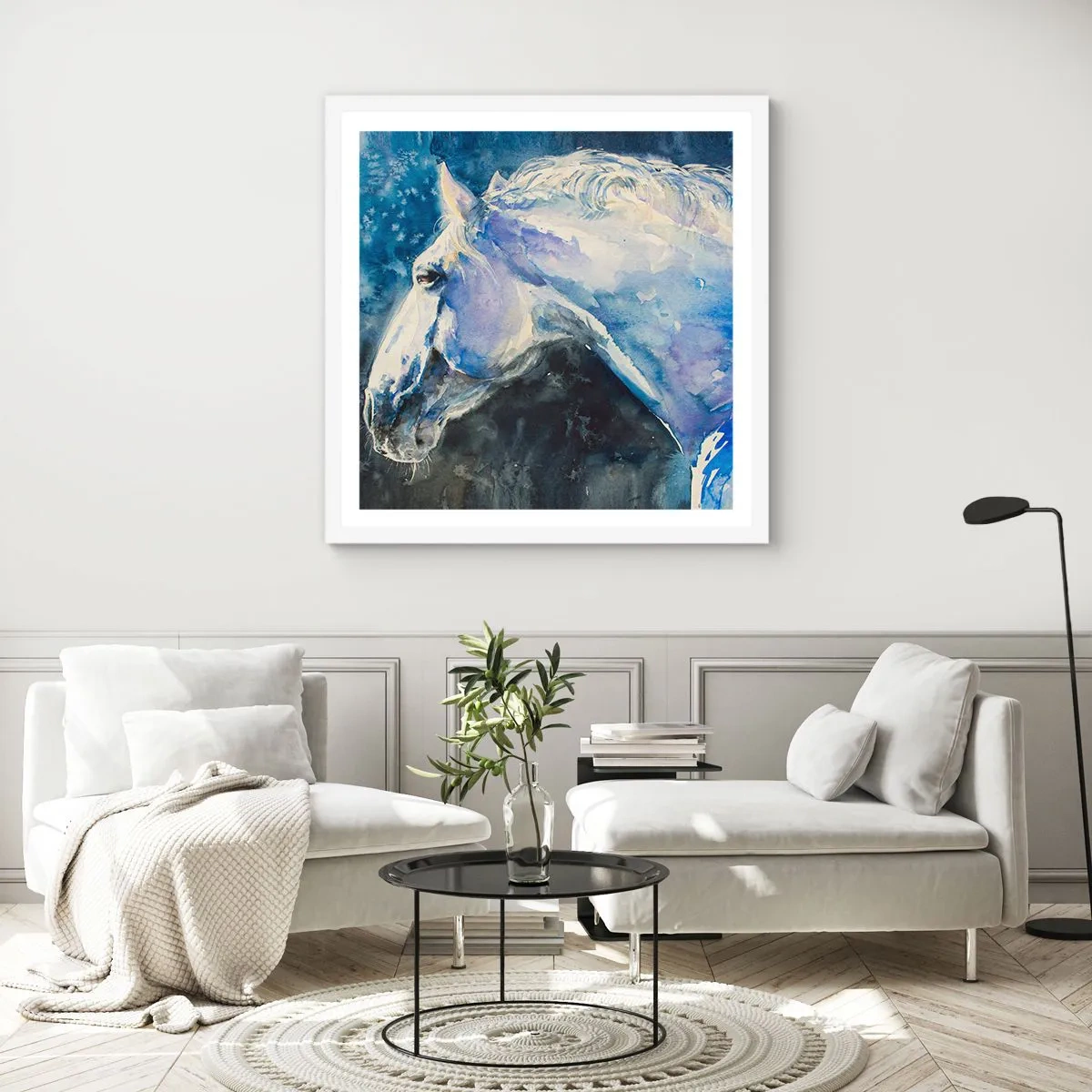 Poster in einem weißen Rahmen - Porträt in blauem Glanz - 30x30 cm