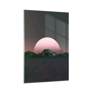 Glasbild - Bild auf glas - Geometrische Berge mit der untergehenden Sonne im Hintergrund - 80x120cm - In einer Nachbargalaxie - Moderne Wanddekoration für Wohnzimmer und Schlafzimmer ARTTOR